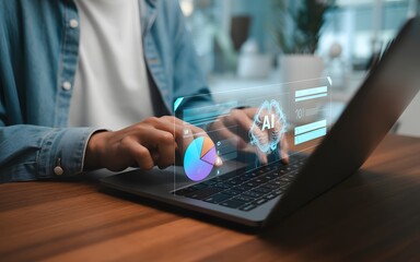 AI-Powered Work: Person Working on Laptop with AI Infographics, Demonstrating Data Analysis and Technology Interaction. 