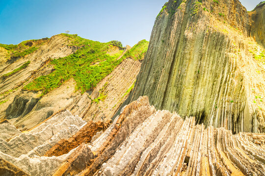 flysch rock formation at Itzurun beach close up at Zumaia coast, Pais Vasco Spain