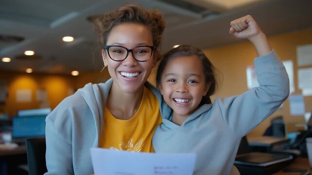 Mother and daughter celebrating workbook completion with joy