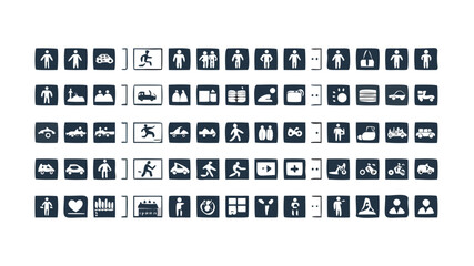 A diverse character set of universal pictograms and glyphs. Collection of icons for public information, transportation, and people activities in a simple style.