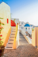 street of Oia, traditional greek village of Santorini, Greece, panorama