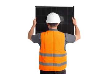 Solar panel engineer in uniform holding a solar panel. A powerful photo for renewable energy, sustainability, and green technology themes.