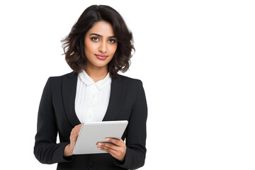 Fototapeta premium Professional Indian businesswoman holding a tablet and looking at the camera. A versatile photo for business, technology, and corporate themes.