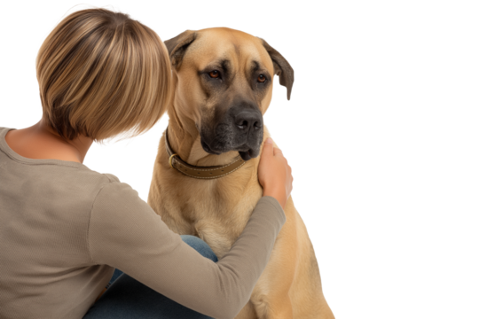 Female veterinarian or dog owner comforting a big dog. A compassionate and caring photo for veterinary services, pet care, and animal health topics.