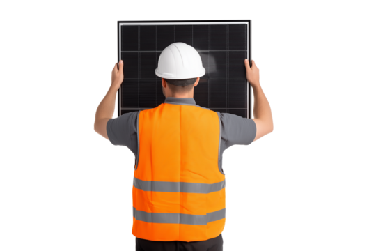 Solar panel engineer in uniform holding a solar panel. A powerful photo for renewable energy, sustainability, and green technology themes.