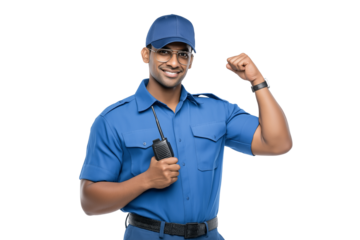 Friendly Indian Security Guard with a Walkie-Talkie and Flexed Bicep. Ideal for illustrating themes of security, strength, and professionalism with an approachable tone for security service websites
