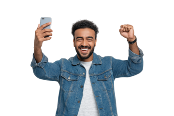 Excited Arab Man Celebrating Success with a Smartphone. Ideal for illustrating themes of winning, good news, online success, or mobile technology in social media advertisements, mobile app promotions