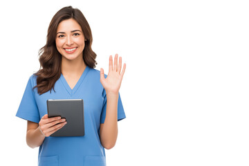  Friendly Young Indian Doctor in Scrubs with Tablet, Waving Hello. Ideal for illustrating telehealth, medical technology, online healthcare consultations