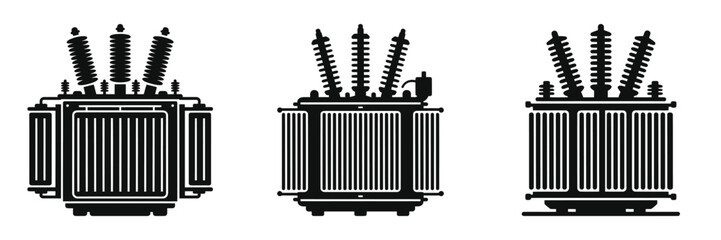 Set of Electrical Transformer Silhouette Vector Illustrations – Power Distribution Equipment, Industrial Energy Icons, High Voltage Substation, Isolated on White Background
