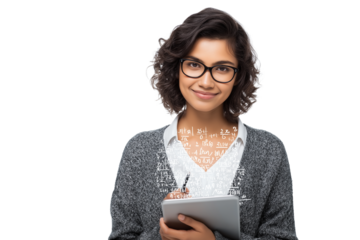 Smart Young Indian Female Student Holding a Tablet with Formulas. Ideal for illustrating education, STEM fields, technology, or academic achievement in school websites, educational apps