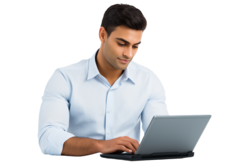 Focused Young Indian Man Working on a Laptop. Ideal for illustrating business productivity, remote work, online education, or technology use in corporate websites, business blogs