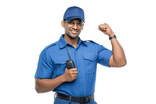 Friendly Indian Security Guard with a Walkie-Talkie and Flexed Bicep. Ideal for illustrating themes of security, strength, and professionalism with an approachable tone for security service websites