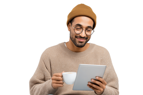 Smiling Indian Man with a Beanie and Glasses Using a Tablet and Holding a Coffee Mug. Ideal for themes of casual remote work, freelancing, online learning, or digital lifestyle in tech blogs