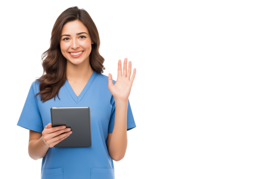  Friendly Young Indian Doctor in Scrubs with Tablet, Waving Hello. Ideal for illustrating telehealth, medical technology, online healthcare consultations
