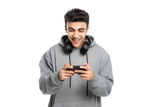 Happy Young Arab Man Playing Mobile Games with Headphones. Ideal for themes of mobile gaming, technology, youth culture, or online entertainment in social media advertising