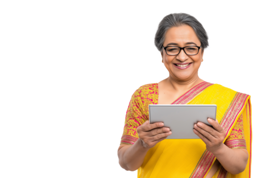 Joyful Senior Indian Woman in a Saree Using a Tablet. Ideal for illustrating digital literacy for seniors, online family communication, or the use of technology in traditional settings