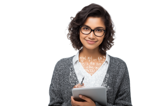 Smart Young Indian Female Student Holding a Tablet with Formulas. Ideal for illustrating education, STEM fields, technology, or academic achievement in school websites, educational apps