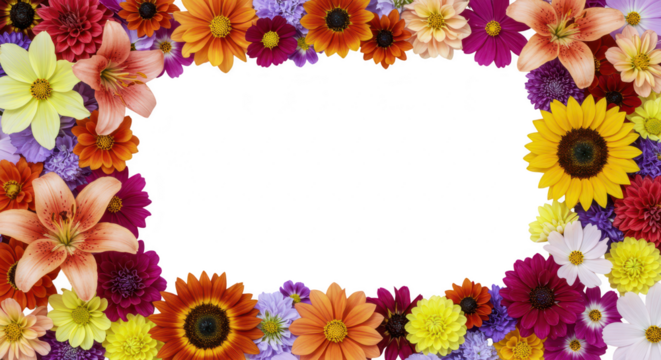 Photo of a colorful floral frame with lilies, sunflowers, daisies, and dahlias isolated on transparent background