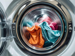 Close up view of a washing machine in motion showcasing vibrant clothes spinning inside with visible blur effect capturing the activity in real time