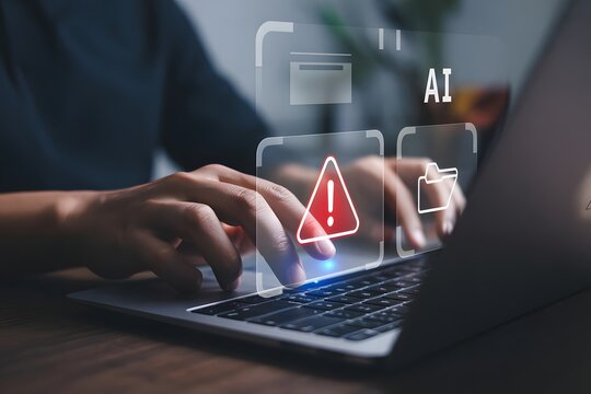AI Alert: A person navigates the digital landscape, their fingers poised over the keyboard, as a holographic warning symbol overlaying the laptop screen.