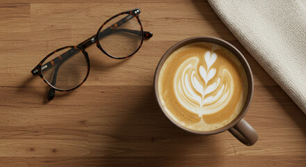 A topdown view of a cup of coffee with latte art and reading glasses on a wooden table