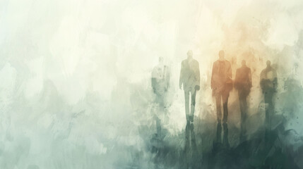 Fototapeta premium Mystical urban scene with blurred moving figures in a foggy blue light