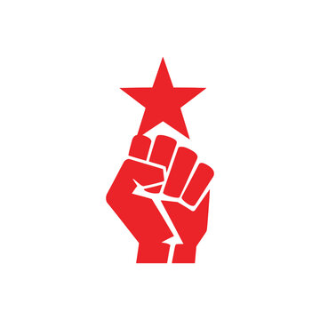 Red raised fist holding a star a symbol of revolution and protest.