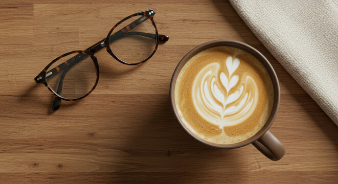 A topdown view of a cup of coffee with latte art and reading glasses on a wooden table - Powered by Adobe