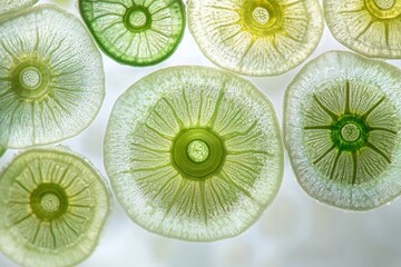 Microscopic view of intricate, vibrant green diatoms exhibiting radial symmetry and delicate structures.