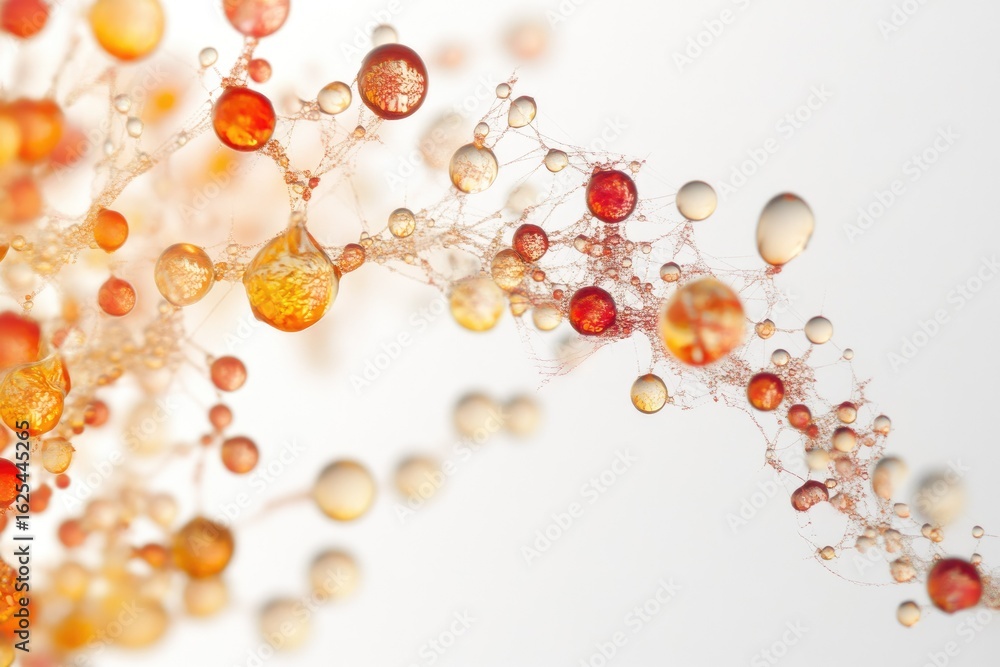 Wall mural microscopic view of interconnected orange and red liquid droplets forming a complex network.