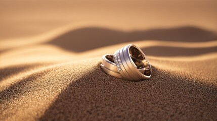 Closeup of two silver wedding rings on a beach shell