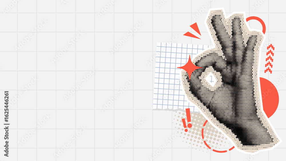 Poster halftone style ok hand gesture and red shapes on white gridded background for abstract message. digi