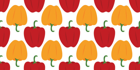 Yellow, red Bell Peppers. Vegetables pattern. Seamless print of salad ingredients. Kitchen decor or organic Food packaging. Healthy Eating, farming. Flat style. Ecological design. Vector illustration