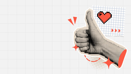 Hand showing thumbs up in vector halftone collage style illustration. Pixel heart on grid paper for social media feedback.