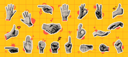 Halftone hands showing various gestures on a yellow grid. Vintage collage style with retro pop art elements. Communication and expression concept.