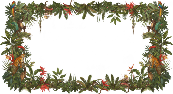 Photo of a lush jungle frame with tropical plants, flowers, and playful leopards isolated on transparent background creates a wild border