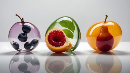 Stylized Fruits Encased in Glass with Minimal Background