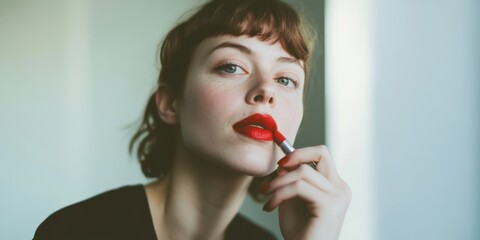An Elegant Model is Applying Bold Red Lipstick Beautifully in Natural Light Setting