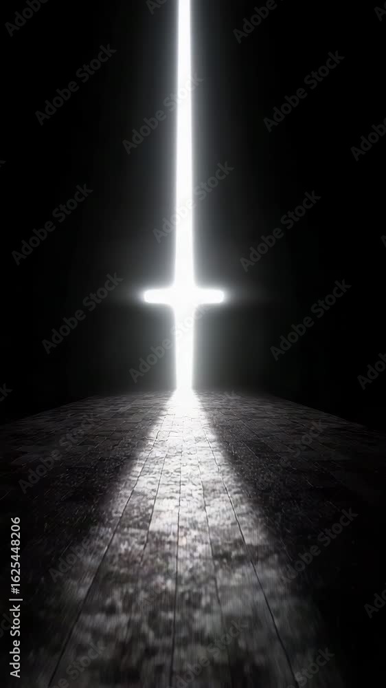 Poster light beams through a dark space creating a striking cross shape on a textured surface during an unk