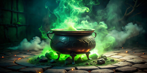 Enchanted Cauldron with Green Smoke in a Mysterious Setting
