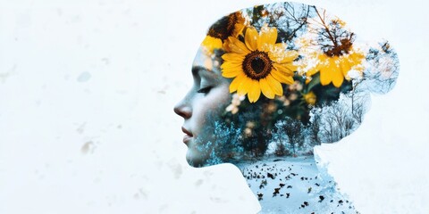 A creative portrait combining floral elements with an abstract overlay, showcasing unique art