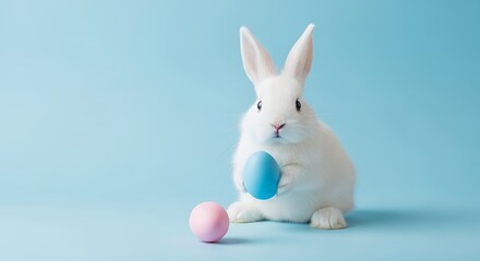Fototapeta premium Adorable White Easter Bunny with Colorful Eggs on Blue Background