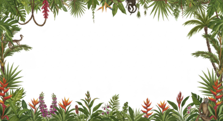 Photo of a decorative frame of tropical leaves, palm trees, flowers, and monkeys isolated on transparent background creates a jungle scene