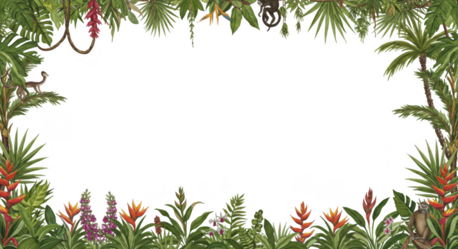 Photo of a decorative frame of tropical leaves, palm trees, flowers, and monkeys isolated on transparent background creates a jungle scene
