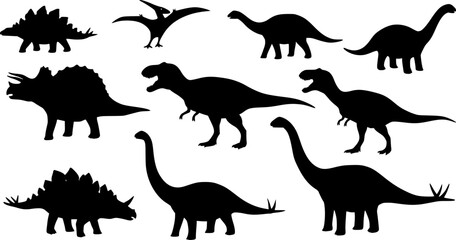 Set of Dinosaur Silhouettes Black and White Illustrations for Kids and Tattoo Designs