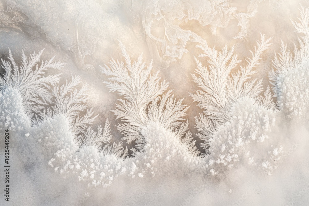Poster intricate frost patterns on a frozen surface, creating a beautiful, ethereal winter scene.