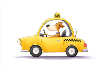 Cartoon dog driving a yellow taxi with a cheerful expression on his face on a white background.