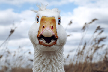A goose with a surprised expression on its face looks out from the thicket.