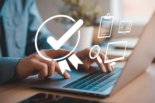 Digital Quality Assurance: A focused individual meticulously reviews documentation on a laptop, with quality control symbols overlaid.