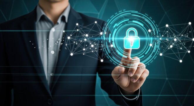 Businessman touching a glowing digital padlock icon representing cybersecurity and data protection in a connected network - Powered by Adobe